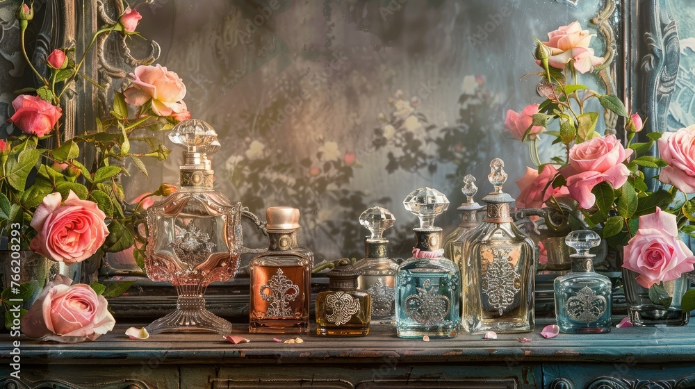 Perfume Bottles and Rose Garden Reflection