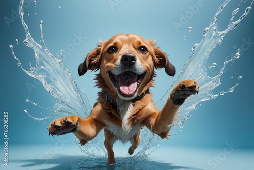 wet dog runs through puddles © Peredniankina