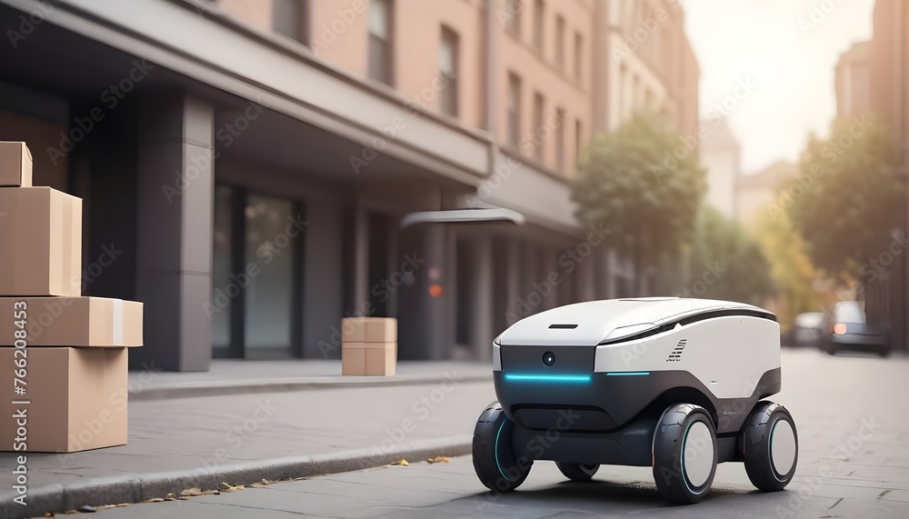 Futuristic delivery robot with parcel mockup