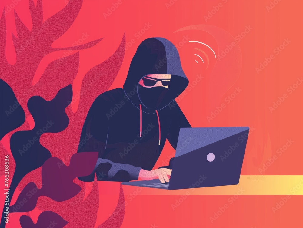 Illustration of a hacker attempting to steal personal information from a laptop Illustration of a hacker attempting to steal personal information from a laptop