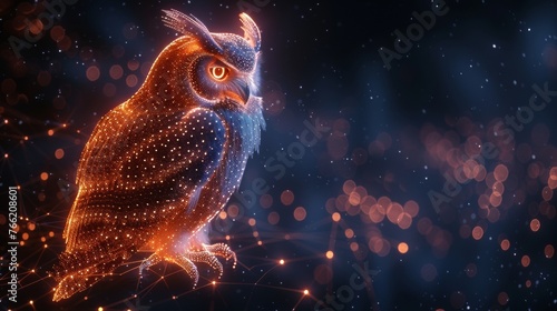 The owl on a dark background is isolated from a low poly wireframe. Wild bird of prey. Modern polygonal image in the form of a starry sky or space made up of points, lines and shapes that resemble