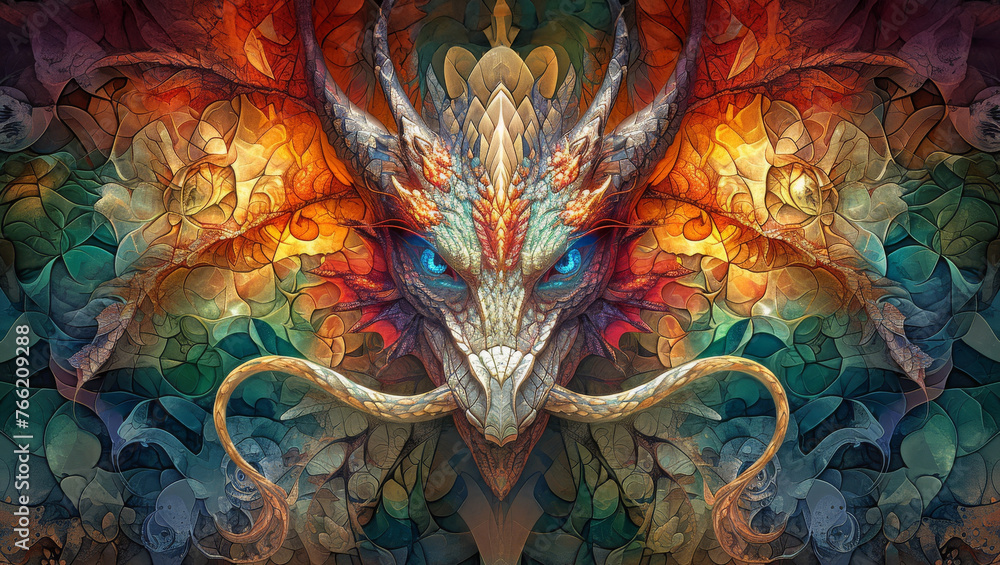 Fototapeta premium A stunning stained glass mosaic depicting a colorful mythical dragon with intricate details, set against a cool blue background.