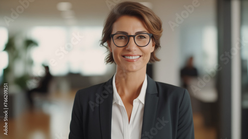 Smiling mature professional business woman dressed for success in an office environment