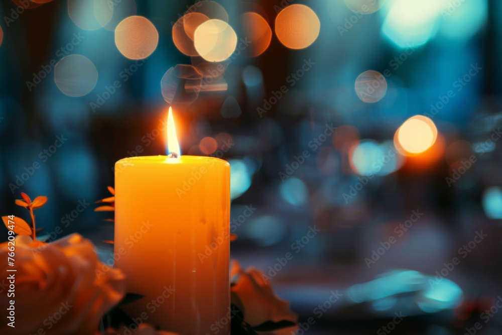 a lit candle is sitting on a table next to flowers. Generative AI a lit candle is sitting on a table next to flowers. Generative AI