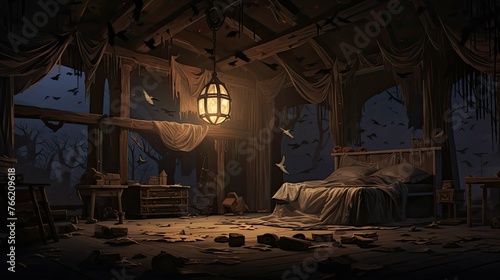 Interior of the old abandoned house. AI generated art illustration.