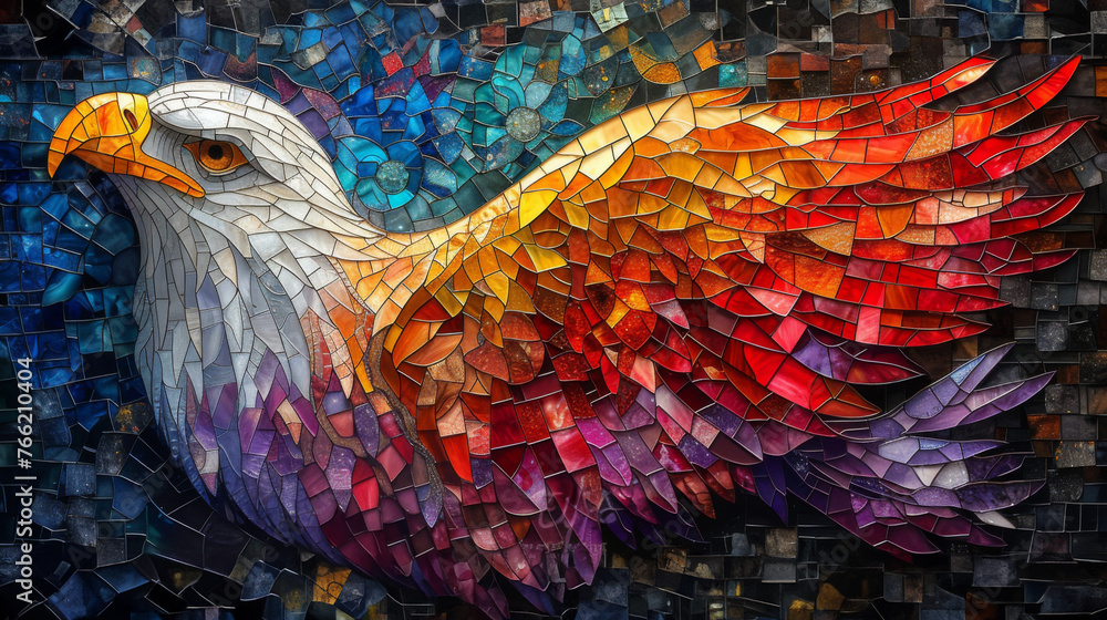 Fototapeta premium A fiery phoenix emerges in a burst of colors against a cool-toned mosaic background, symbolizing rebirth and creativity.