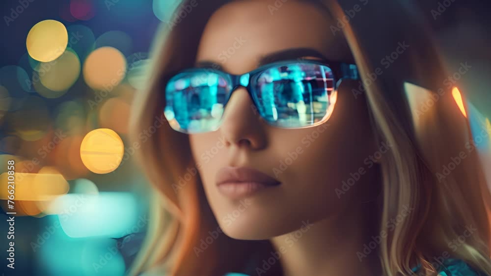 A chic woman dons reflective sunglasses that mirror the glowing lights of an urban landscape in the evening