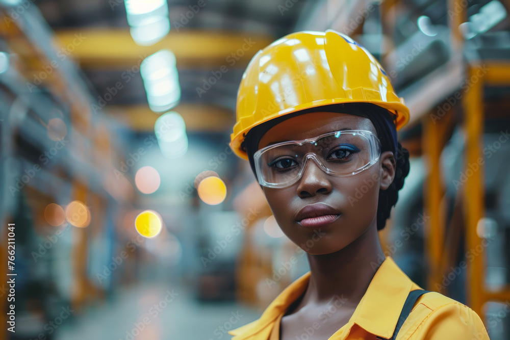A woman wearing a yellow shirt and a yellow hard hat stands in a warehouse. Professional engineer black women -worker. woman African maintenance and check in factory. Workshop engineering training. A woman wearing a yellow shirt and a yellow hard hat stands in a warehouse. Professional engineer black women -worker. woman African maintenance and check in factory. Workshop engineering training.