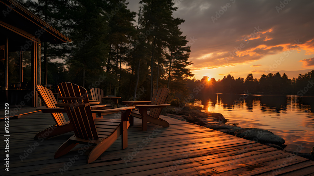 sunset on the deck in the woods with adirondack chairs facing lake