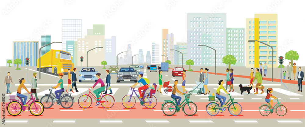 Fototapeta premium Stadtsilhouette einer Stadt mit Verkehr und Menschen, illustration