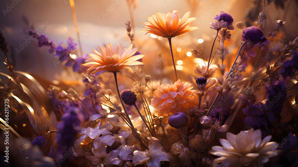 sunflowers and wild flowers under the setting sun