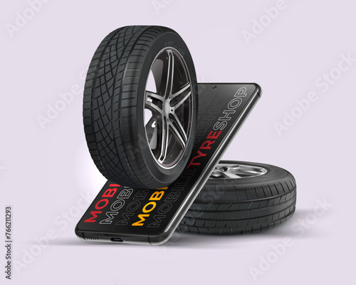 Car tire with rim. Mobile application for selling tires. A stack of tires. White background.