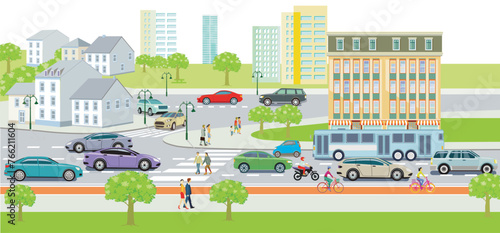 Stadtsilhouette mit Straßenverkehr und Fußgänger auf dem Zebrastreifen, Illustration