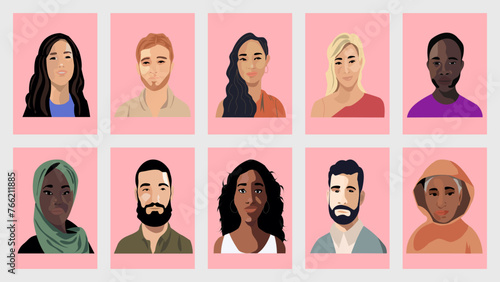 Retrato grupo de personas de medio cuerpo de diferentes razas. Diversidad de personas de diferentes colores con fondo rosa. 