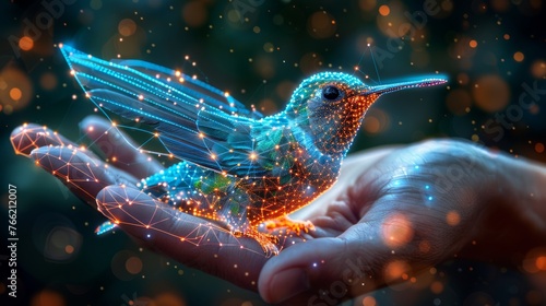 An image of Colibri in the hand palm made from a low polygonal wireframe, consisting of points, lines, and shapes in the form of stars with destructible shapes.