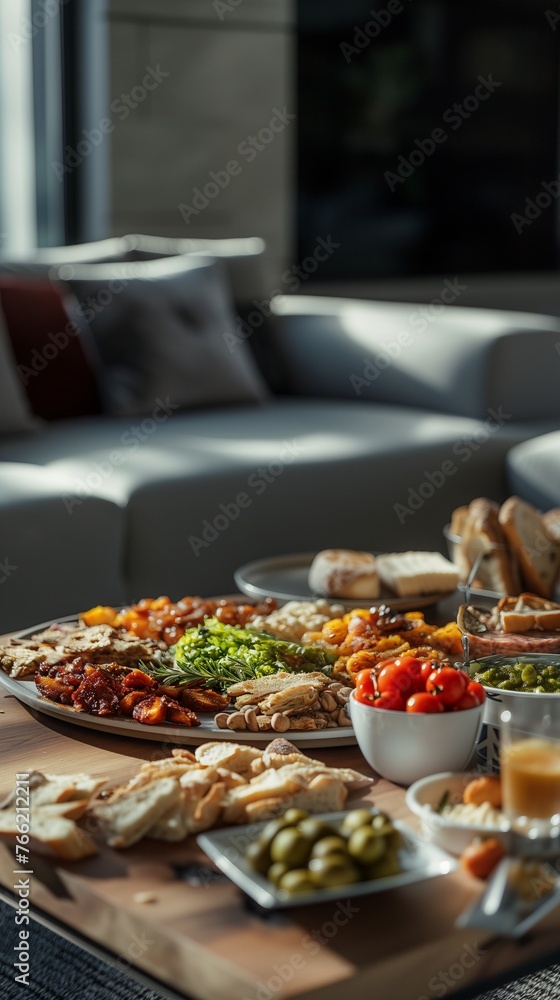 Assorted mediterranean dishes on a wooden table in a cozy home setting Assorted mediterranean dishes on a wooden table in a cozy home setting