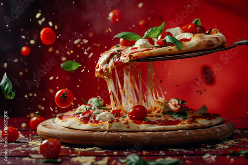 margarita pizza bursting energetically from wood plate, along with mozzarella cheese splatters and cherry tomatoes zest , set against a matte crimson background