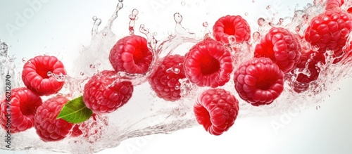 Raspberries, a fruit from a plant, are dropping into a stream of water creating a beautiful natural foods art display. The scene is like a drawing in nature