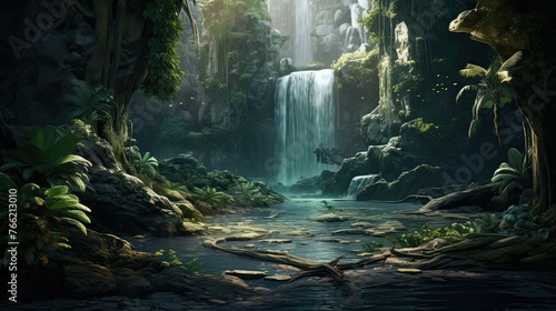 Waterfall in the park. AI generated art illustration.