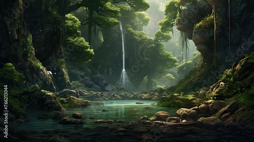 Waterfall in the park. AI generated art illustration.