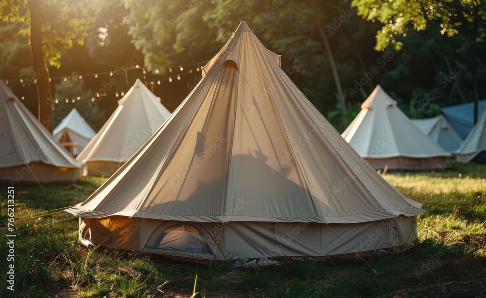 A wellness retreat with tents pitched in a serene location, offering a getaway focused on health, meditation, and reconnecting with nature.