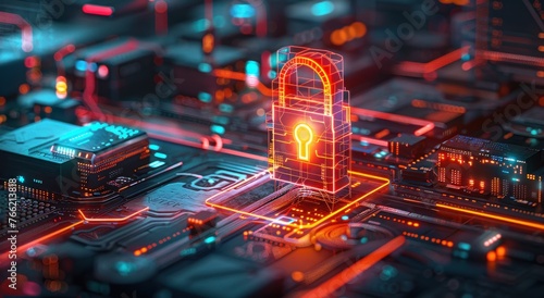 Cadenas lumineux symbolisant la cybersécurité informatique fondée sur l'intelligence artificielle. Illustration numérique dans le style néon avec des couleurs vives. © David Giraud