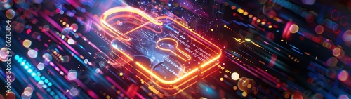 Cadenas lumineux symbolisant la cybersécurité informatique fondée sur l'intelligence artificielle. Illustration numérique dans le style néon avec des couleurs vives.
