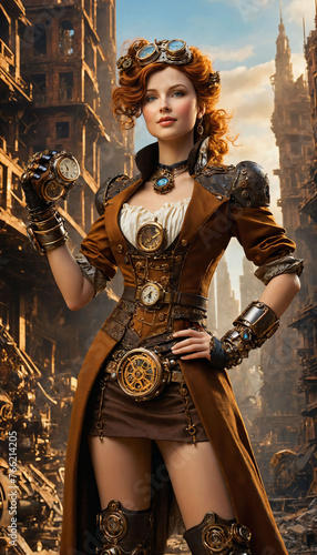 The woman dressed in steampunk-style clothing, complete with a leather jacket, goggles, and a cape. generative AI