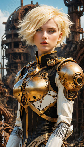 The woman in a metallic armor suit, standing in front of a large industrial area, generative AI