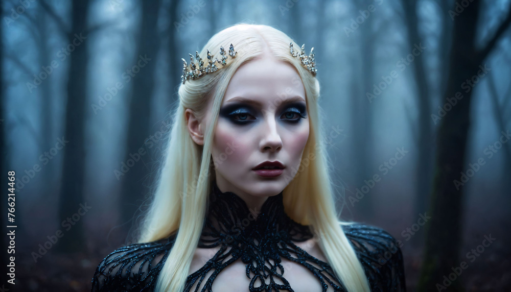 a woman wearing a black dress with a unique and intricate lace design. She is standing in a forest setting,, generative AI a woman wearing a black dress with a unique and intricate lace design. She is standing in a forest setting,, generative AI