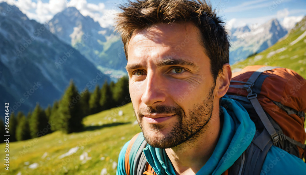 The man standing on a mountain with a backpack on, surrounded by beautiful flowers. He is smiling and posing for the camera generative AI The man standing on a mountain with a backpack on, surrounded by beautiful flowers. He is smiling and posing for the camera generative AI