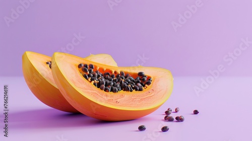 Halfcut papaya, juices flowing, set against a soft lavender hue, illustrating natures sweet bounty and serenity photo