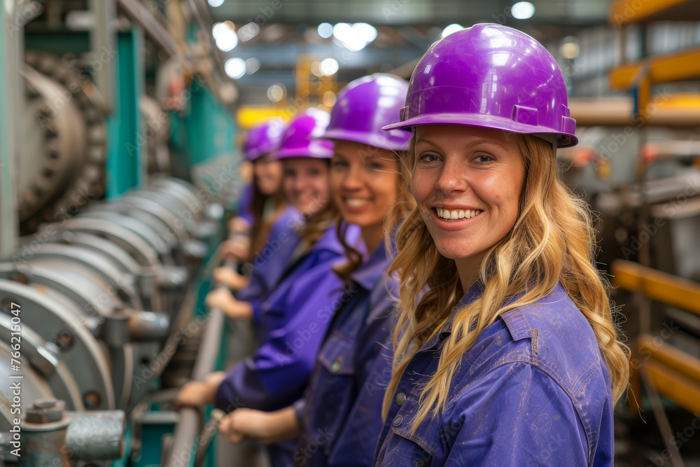 A group of women wearing safety gear and smiling for the camera. Scene is positive and cheerful. several smiling teamwork of woman wearing purple hard hats stand on the factory