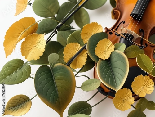 Retro wooden brown violin with green yellow leaves closeup. Romance and love concept