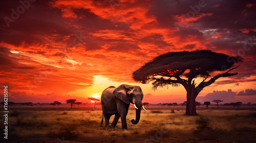 Ethereal Sundown: Majestic Elephants, Zebras and Birds Amidst the African Savannah Landscape