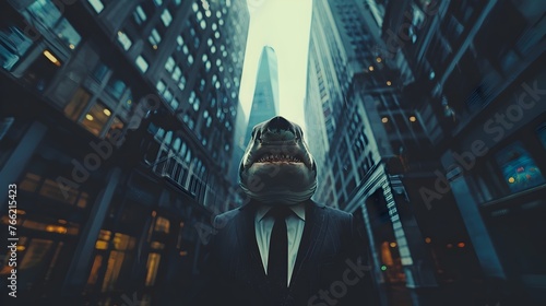 Humanoid shark dressed in a businessman's suit on the street of a business area. Conceptual image of the tough business world