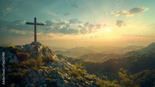 holy saturday cross on top of mountain with evening sky background