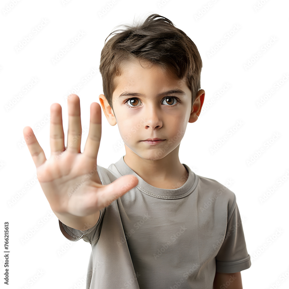 A boy holds up his hand to say stop on transparent background A boy holds up his hand to say stop on transparent background