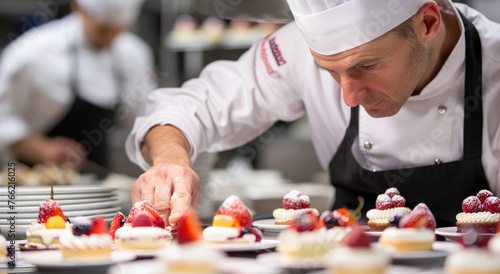 A chef in white attire, wearing an apron and hat, is seen plating up small cakes on plates arranged neatly at the kitchen counter of his restaurant
