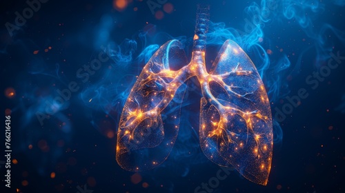 A modern image in RGB color mode showing lungs in a low poly blue background. Abstract polygonal health illustration.