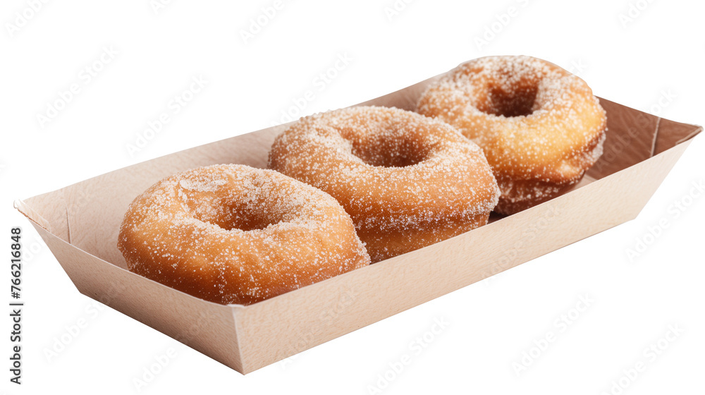 Apple cider doughnut on paper tray, white background