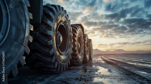 A set of heavy-duty truck tires, their deep treads ready to grip the road with resilience photo