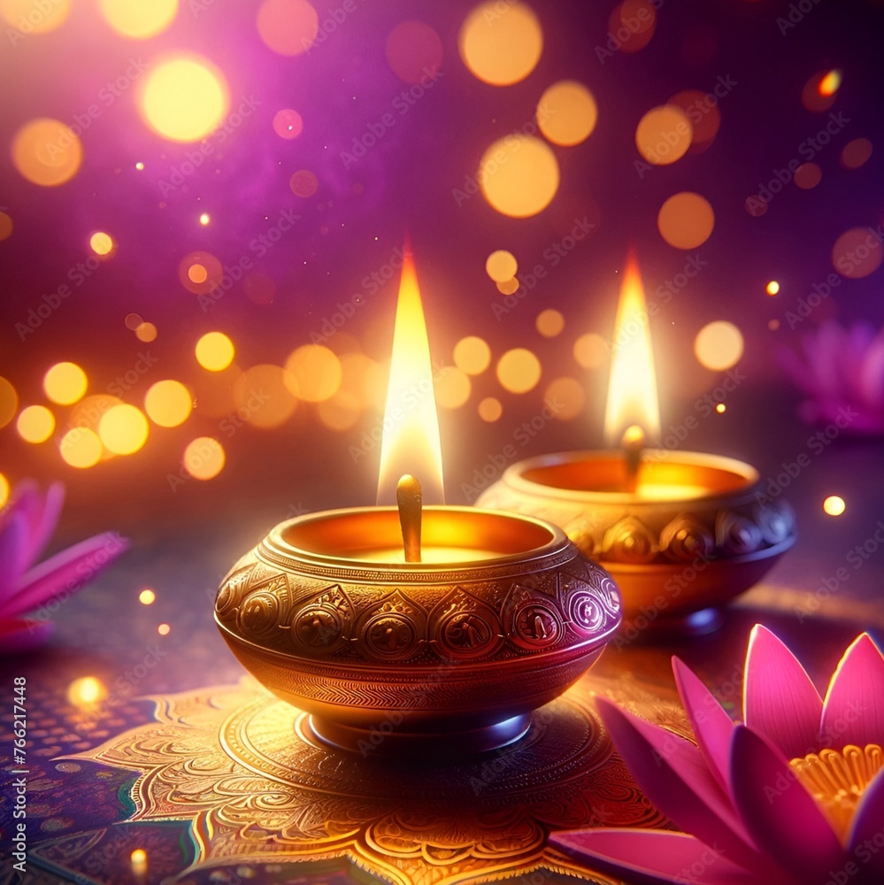 Realistic two golden diya lamps against golden bokeh lights. Realistic two golden diya lamps against golden bokeh lights.