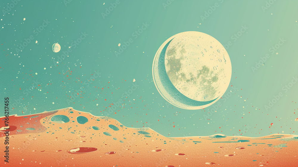 A retro-futuristic illustration of a lunar landscape with a large moon and distant planet against a star-speckled teal sky. - obrazy, fototapety, plakaty 