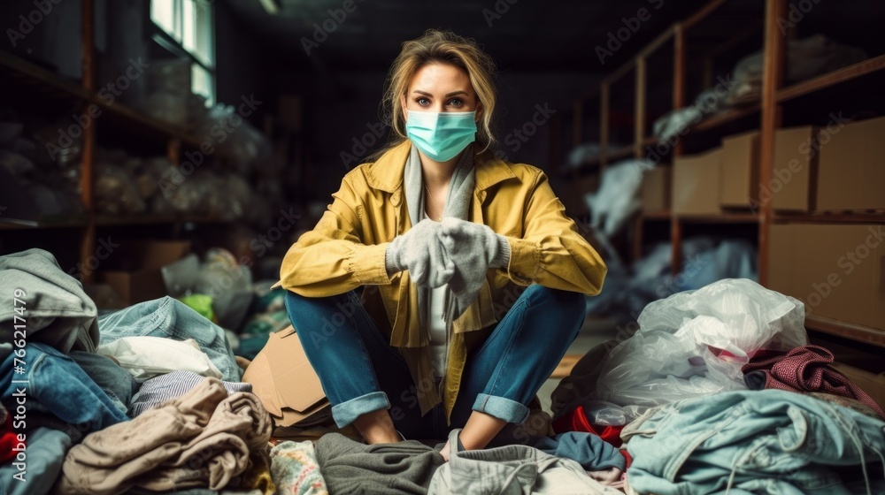 A female volunteer sitting in a pile of sacks donating clothes to a public charity donation center. Consumerism, Ecology, Planet Earth, Charity concepts.