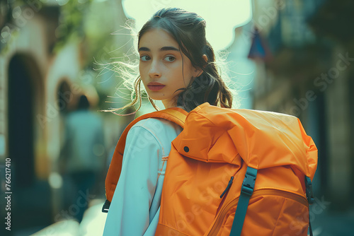 a young woman wears an orange backpack that she is carrying over her shoulder,