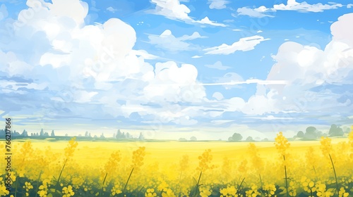 Sunny Countryside with Expansive Yellow Flower Fields and Blue Sky