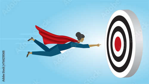 Woman aiming to bulls eye on dartboard. Goals and motivation. Dimension 16:9. Vector illustration.