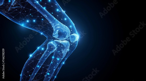 Illustration of low polygonal human knee isolated on dark blue background. Concept of futuristic medicine and orthopedic treatment. photo