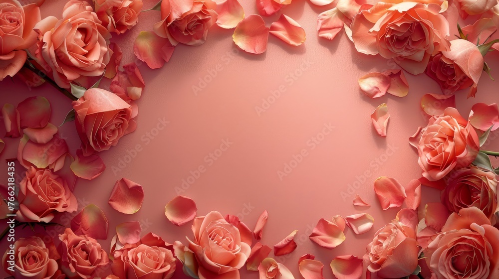 A captivating banner adorned with intricate rose blooms and scattered petals,  creating a beautiful frame with ample space for personalized content